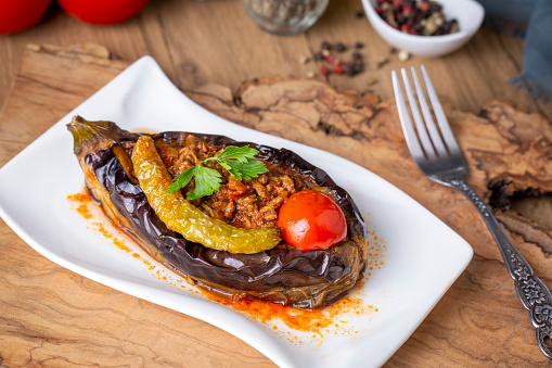 Traditional delicious Turkish food; Meat and Eggplant dish, (Turkish name; Karniyarik)